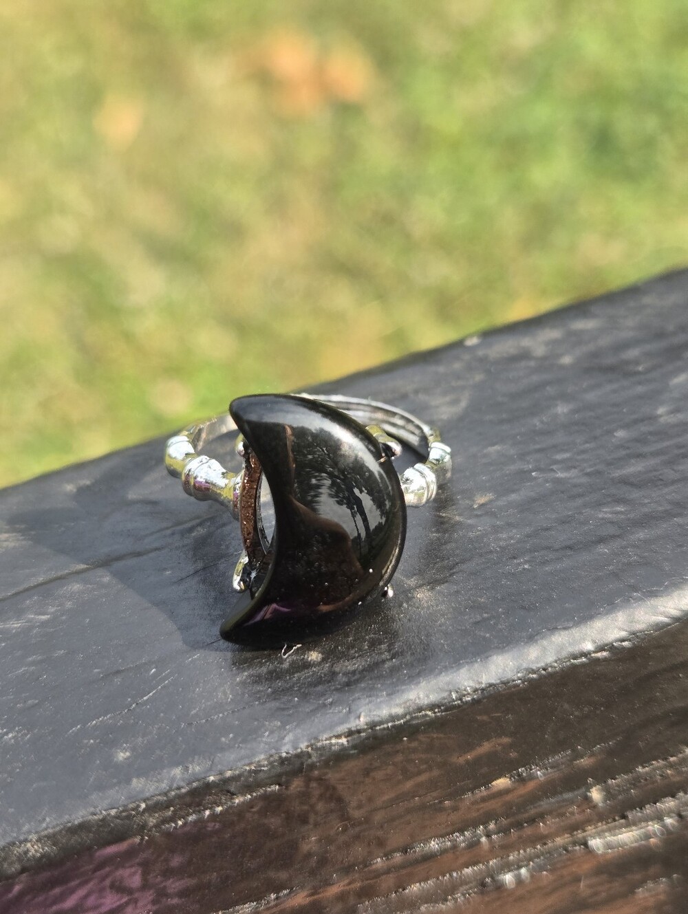 Black Obsidian Crescent Moon Statement Ring